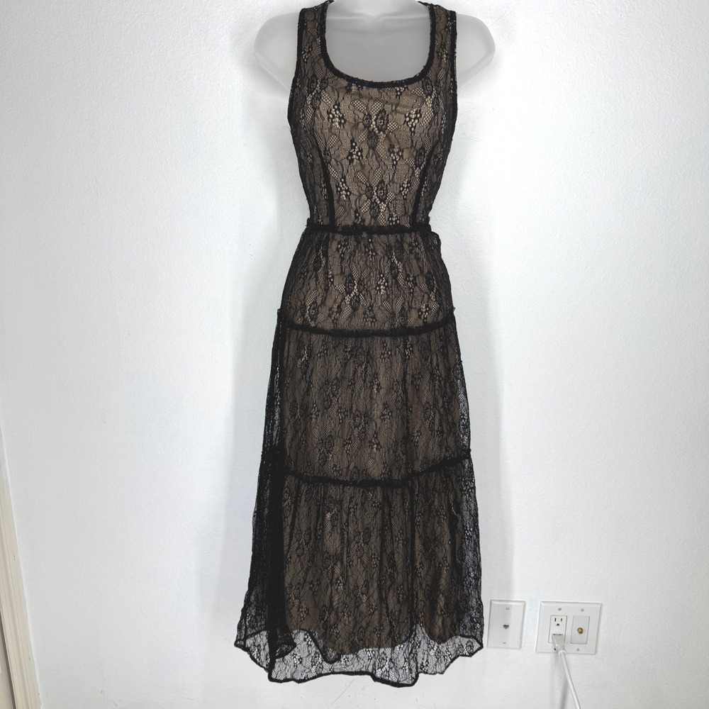 Black Floral Lace Overlay Whimsigoth Tiered Midi Dress Size S Coquette Witchy